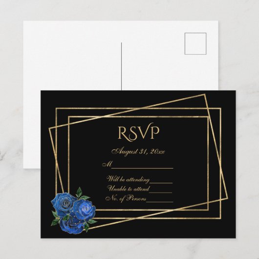 RSVP Black en Gold met Royal Blue Glam-Rozen Briefkaart (Voorkant / Achterkant)