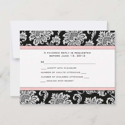 RSVP Black en Light Pink Damask Kaartje (Voorkant)