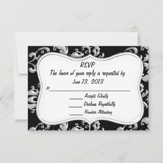 RSVP Black en Silver Damask Kaartje (Voorkant)