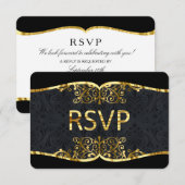 RSVP Black Gold Damask Elegant Wedding Invitation Kaart (Voorkant / Achterkant)