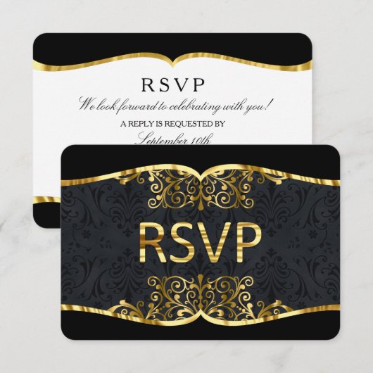 RSVP Black Gold Damask Elegant Wedding Invitation Kaart (Voorkant / Achterkant)