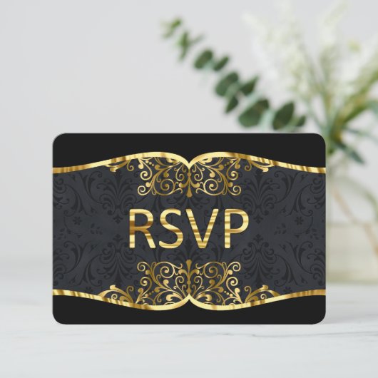 RSVP Black Gold Damask Elegant Wedding Invitation Kaart (Staand voorkant)