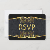RSVP Black Gold Damask Elegant Wedding Invitation Kaart (Voorkant)