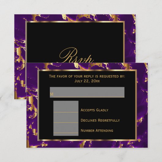 RSVP Black, Gold en Paarse marmer Kaartje (Voorkant / Achterkant)