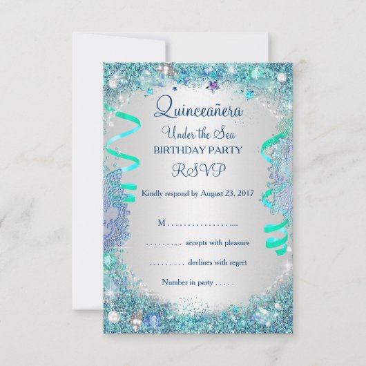 RSVP blauw onder het Zee Quinceanera 15e verjaarda (Voorkant)