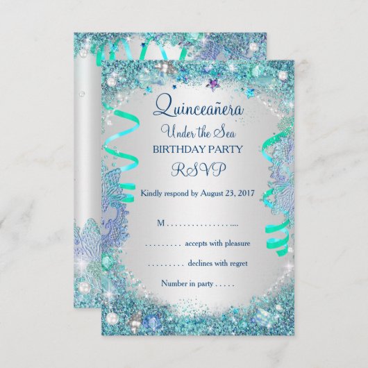 RSVP blauw onder het Zee Quinceanera 15e verjaarda