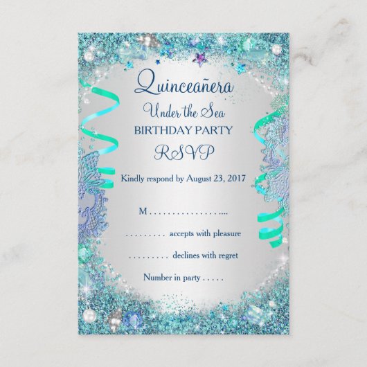 RSVP blauw onder het Zee Quinceanera 15e verjaarda (Voorkant)