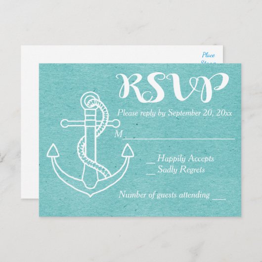 RSVP blauw turquoise schip anker nautische bruilof Uitnodiging Briefkaart (Voorkant / Achterkant)