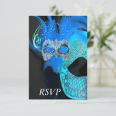 RSVP Blauwgroen Blauw Zwart Maskers Maskerade Ball Kaartje (Staand voorkant)