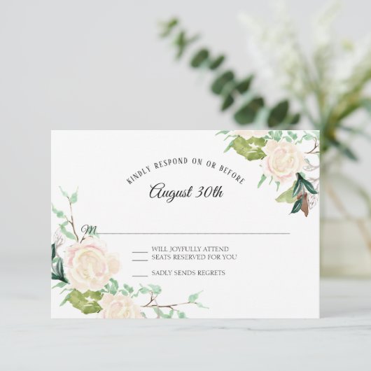 RSVP Bleek Elegant Waterverf Art Floral Ivory Roos Kaart (Staand voorkant)