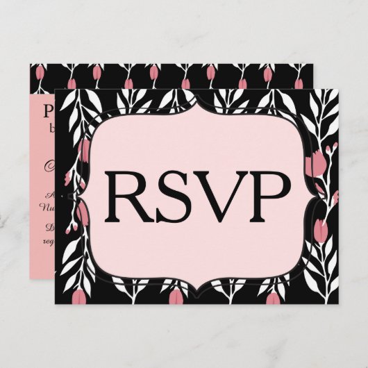 RSVP Bloemenroze Wit en Zwart Uitnodiging Briefkaart (Voorkant / Achterkant)