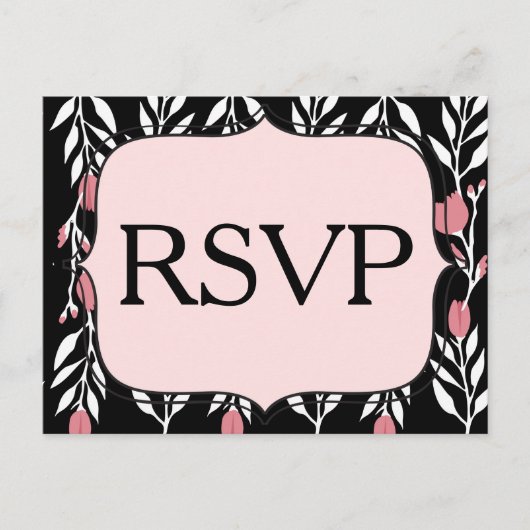 RSVP Bloemenroze Wit en Zwart Uitnodiging Briefkaart (Voorkant)