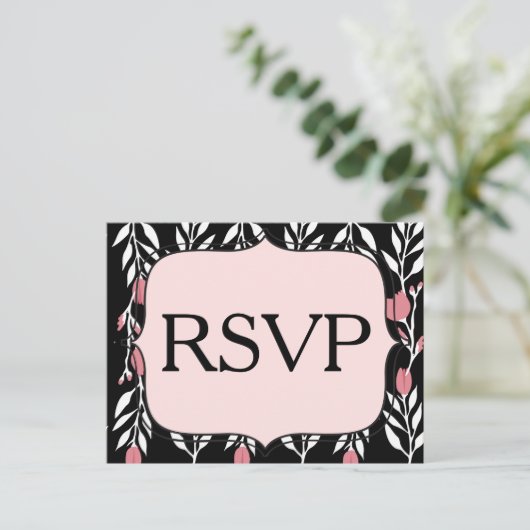 RSVP Bloemenroze Wit en Zwart Uitnodiging Briefkaart (Staand voorkant)
