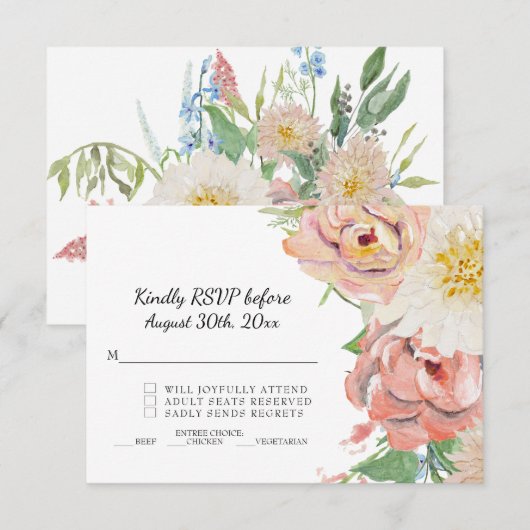 RSVP Blush Pink in White Waterverf Floral Wedding Kaart (Voorkant / Achterkant)