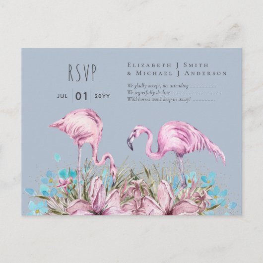 RSVP - Blushing Flamingo's Tropisch Strand Bruilof Briefkaart (Voorkant)