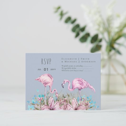 RSVP - Blushing Flamingo's Tropisch Strand Bruilof Briefkaart (Staand voorkant)