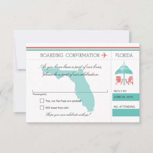 RSVP Boarding Pass to Florida Mint en Coral (Voorkant)