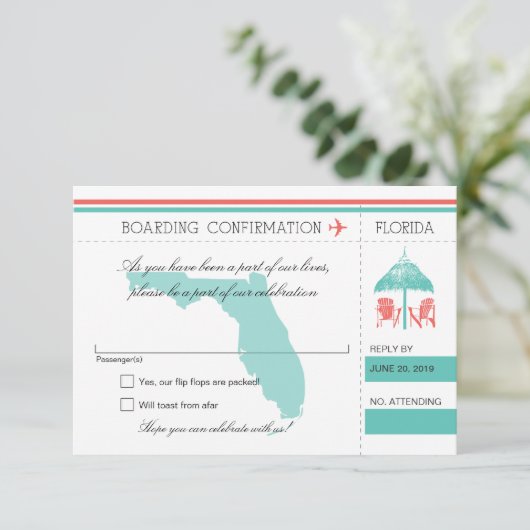 RSVP Boarding Pass to Florida Mint en Coral (Staand voorkant)