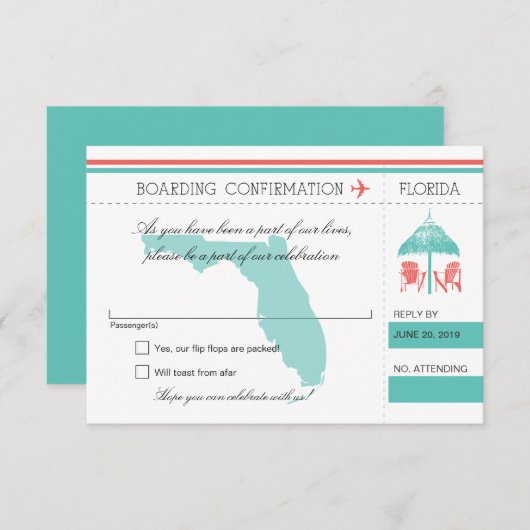RSVP Boarding Pass to Florida Mint en Coral (Voorkant / Achterkant)