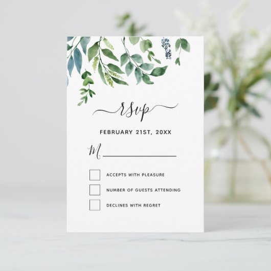 RSVP Botanisch groen Foliage Waterverf Bruiloft Kaart (Staand voorkant)