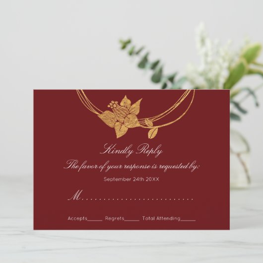 RSVP Bourgogne Maroon Goud Bloemen Krans Lux Kaart (Staand voorkant)