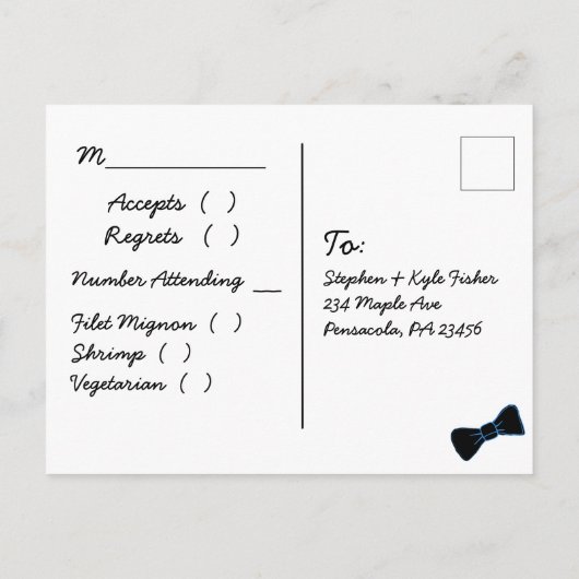 RSVP Briefkaart Blue Black Bowtie LGBT Weddenschap (Achterkant)