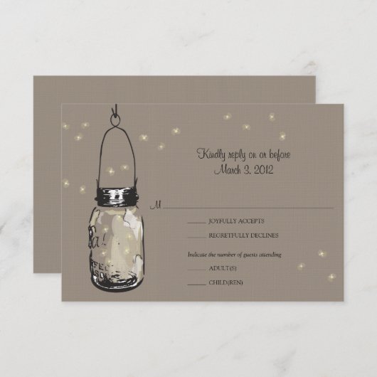 RSVP Briefkaart Mason Jar & Fireflies Weddenschap (Voorkant / Achterkant)