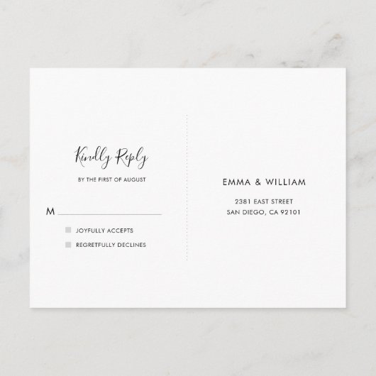 RSVP-Briefkaart met zwarte en witte minimalistisch Briefkaart (Achterkant)