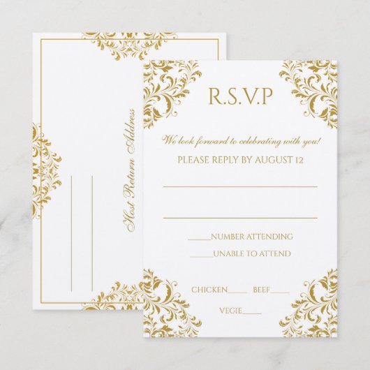 RSVP-Briefkaart - Nadine (Gold) op Ecru RSVP Kaartje (Voorkant / Achterkant)