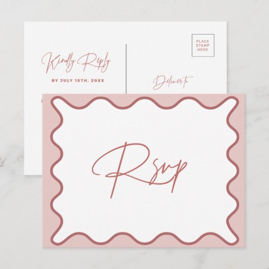 RSVP-Briefkaart Roze en witte Wavy Border Briefkaart (Voorkant / Achterkant)