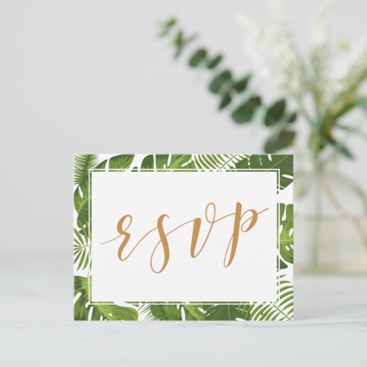 RSVP Briefkaart tropengoud en groen bruiloft (Staand voorkant)