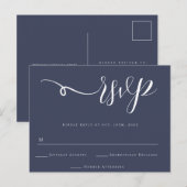 RSVP-Briefkaart van Navy Blue Script Wedding Respo Briefkaart (Voorkant / Achterkant)