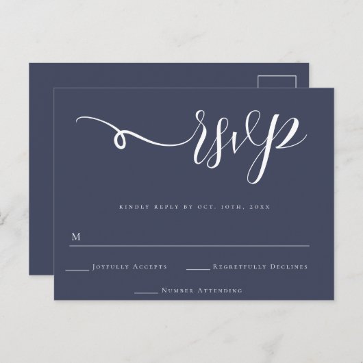 RSVP-Briefkaart van Navy Blue Script Wedding Respo Briefkaart (Voorkant / Achterkant)