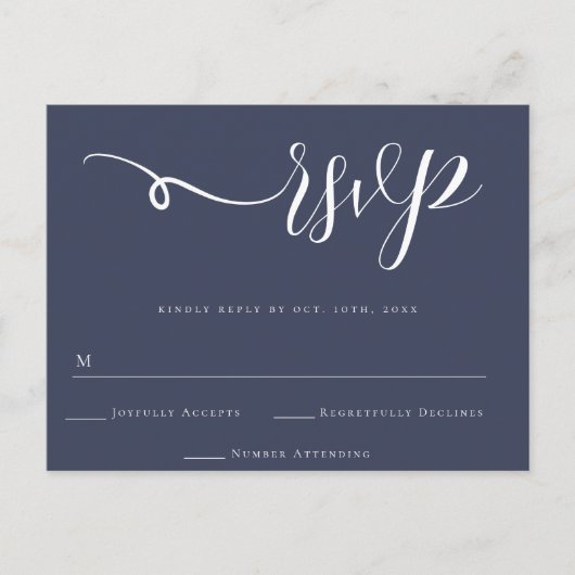 RSVP-Briefkaart van Navy Blue Script Wedding Respo Briefkaart (Voorkant)
