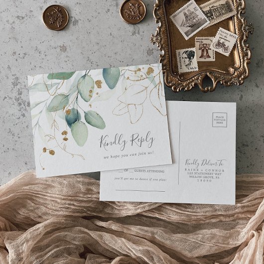 RSVP-Briefkaart voor Airy Greenery en Gold Song Re Uitnodiging Briefkaart