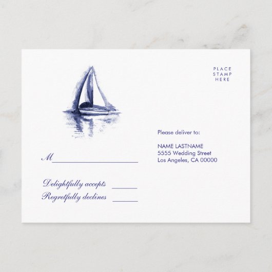 RSVP-Briefkaart waterverf Boat Navy Blue Response Uitnodiging Briefkaart (Achterkant)