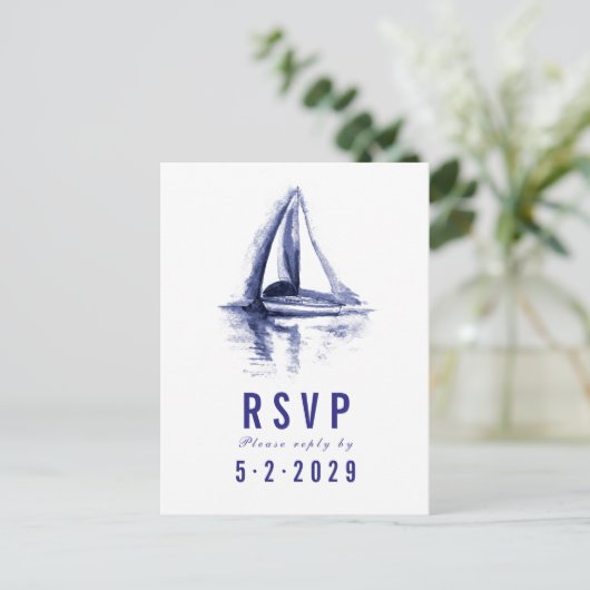 RSVP-Briefkaart waterverf Boat Navy Blue Response Uitnodiging Briefkaart (Staand voorkant)