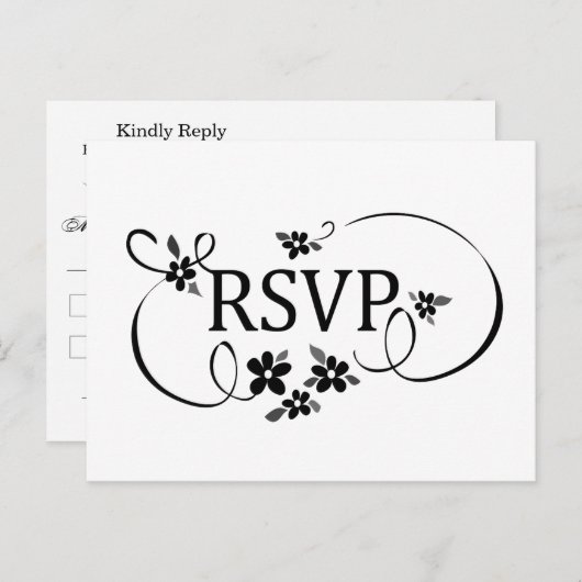 RSVP-Briefkaart - Zwart-wit Fancy bloemrol Uitnodiging Briefkaart (Voorkant / Achterkant)