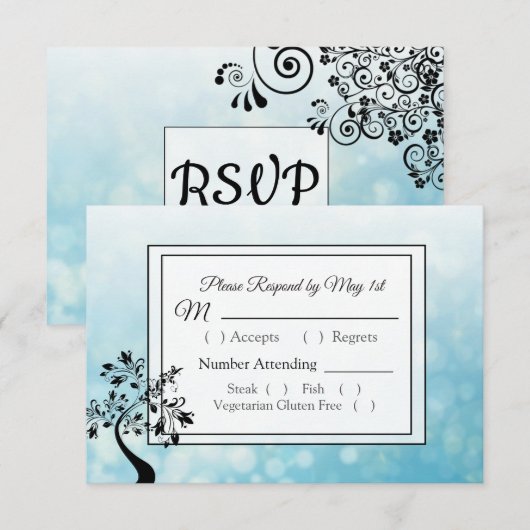 RSVP-Briefkaarten met blauwe en zwarte decoratieve RSVP Kaartje (Voorkant / Achterkant)