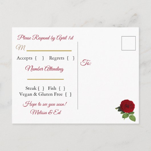 RSVP-Briefkaarten met rode en goudkleurige Rozen Uitnodiging Briefkaart (Achterkant)