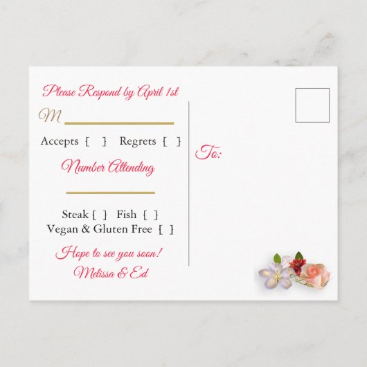 RSVP-Briefkaarten met rode en goudveen Uitnodiging Briefkaart (Achterkant)