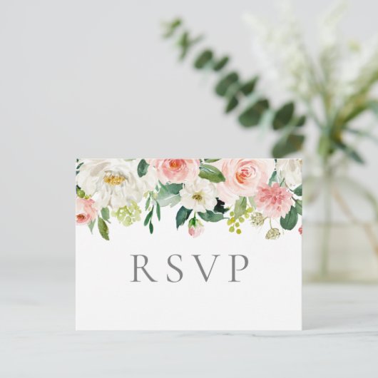 RSVP-Briefkaarten met roze en witte bloem Briefkaart (Staand voorkant)