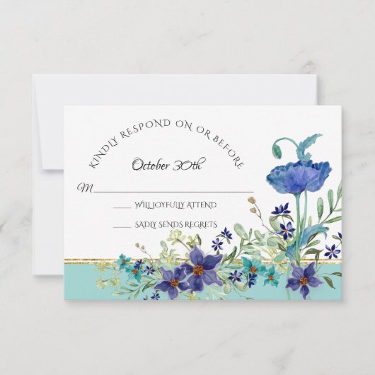 RSVP Bruiloft Aqua Blue w Poppy Waterverf Bloemen Kaart (Voorkant)