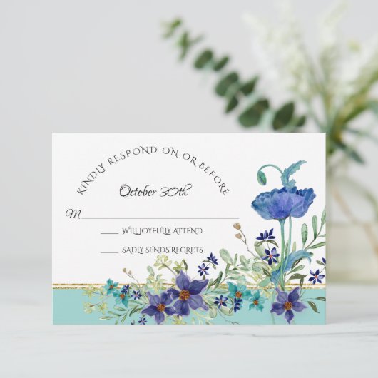 RSVP Bruiloft Aqua Blue w Poppy Waterverf Bloemen Kaart (Staand voorkant)