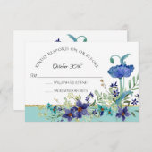 RSVP Bruiloft Aqua Blue w Poppy Waterverf Bloemen Kaart (Voorkant / Achterkant)