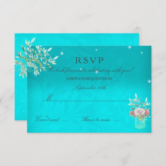 RSVP bruiloft Blauwgroen Bloemstuk Mason Jar Pink  (Voorkant / Achterkant)