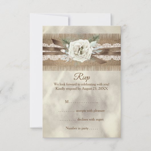 RSVP Bruiloft Burlap Beige Wit Rose Kant Bow (Voorkant)