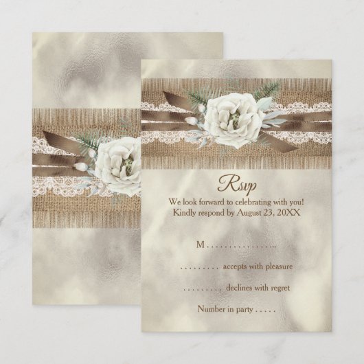 RSVP Bruiloft Burlap Beige Wit Rose Kant Bow (Voorkant / Achterkant)