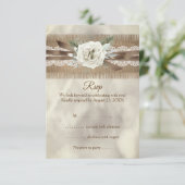 RSVP Bruiloft Burlap Beige Wit Rose Kant Bow Kaartje (Staand voorkant)