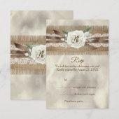 RSVP Bruiloft Burlap Beige Wit Rose Kant Bow Kaartje (Voorkant / Achterkant)